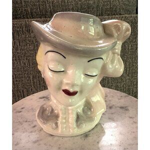 Vintage Glamour Girl Headvase Blonde High Collared Riding Outfit Hat Pink Bow 7”